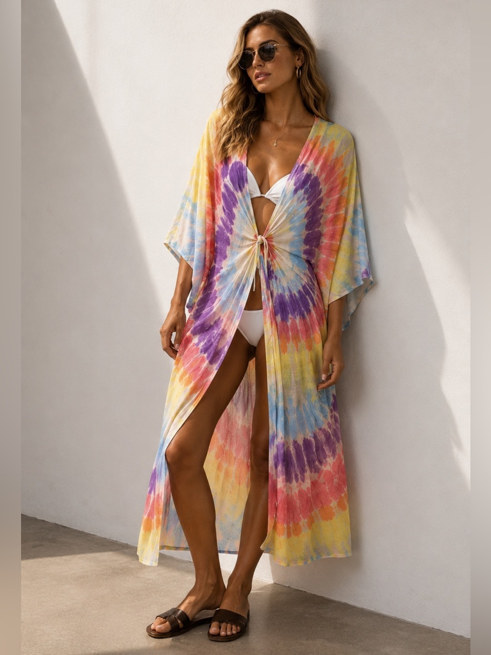Surf Gypsy Tie-Dye Kaftan Cover-Up One Size Rayon Boho Open Front